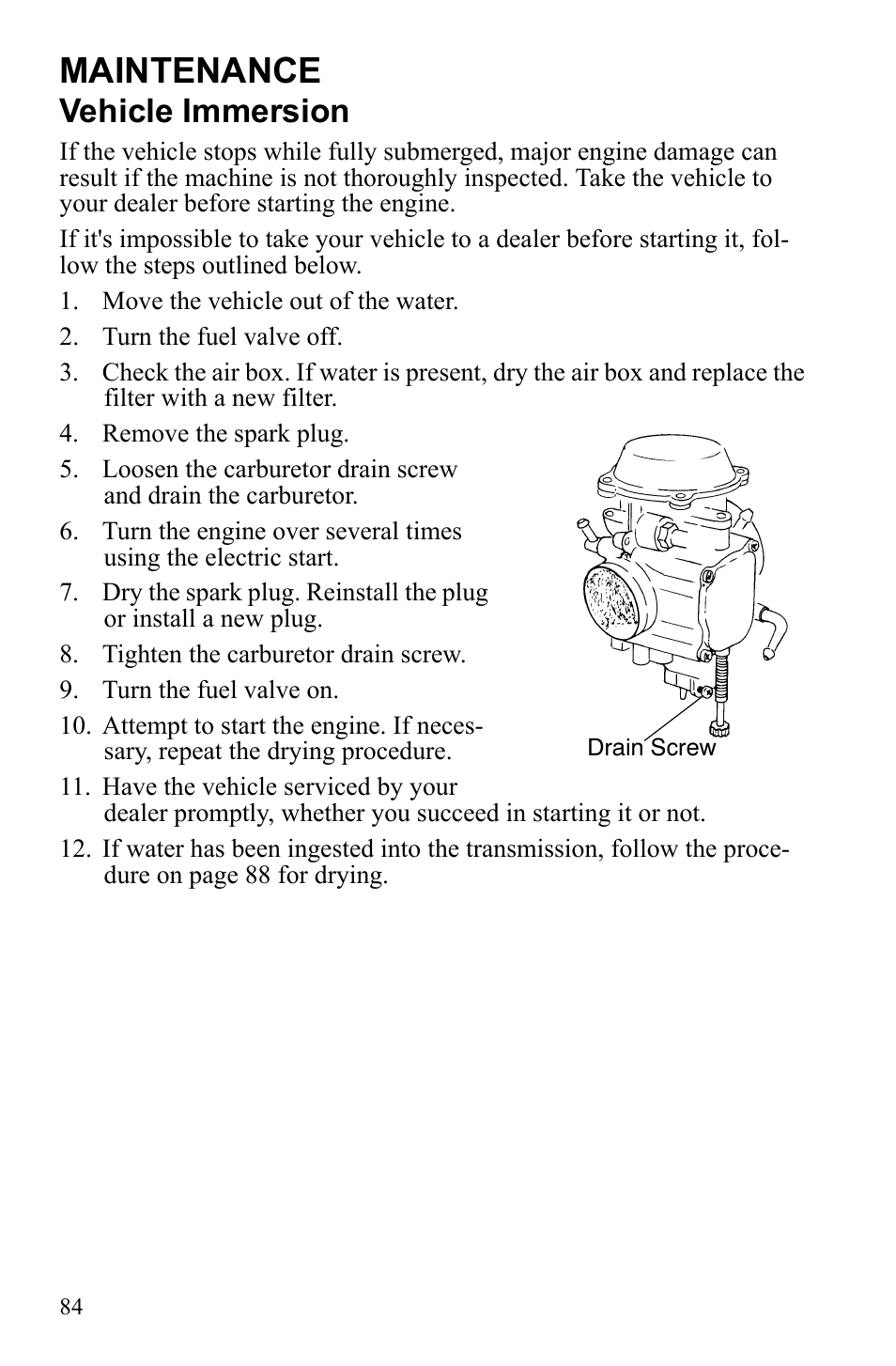 Maintenance, Vehicle immersion | Polaris Scrambler 9922077 User Manual | Page 86 / 117