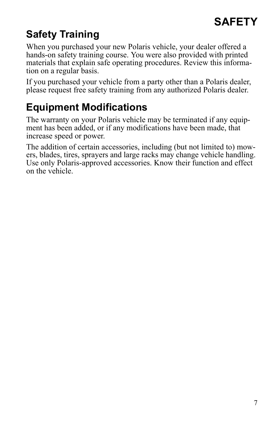 Safety, Safety training, Equipment modifications | Polaris Scrambler 9922077 User Manual | Page 9 / 117