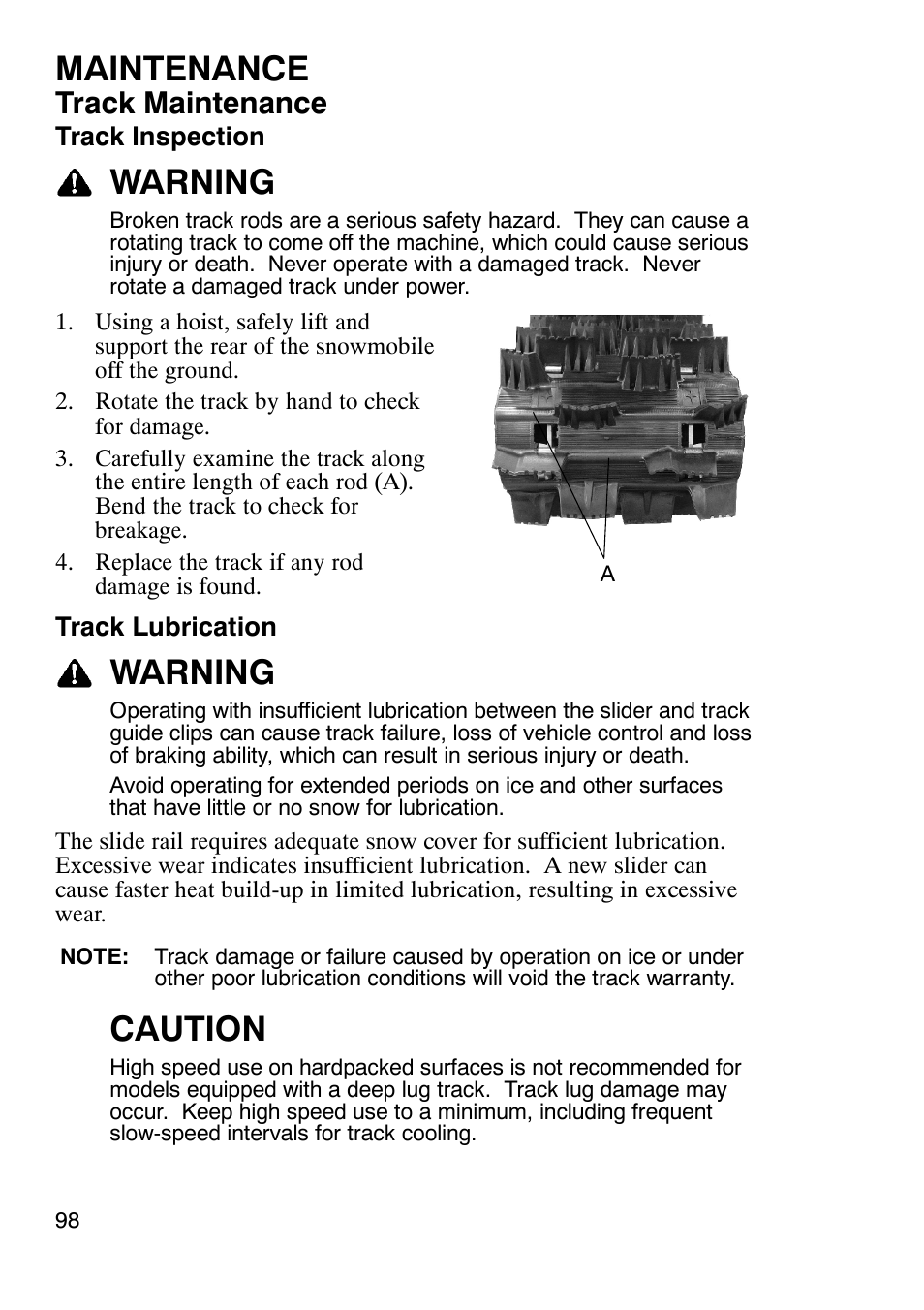 Maintenance, Warning, Caution | Track maintenance | Polaris 900 RMK User Manual | Page 101 / 123