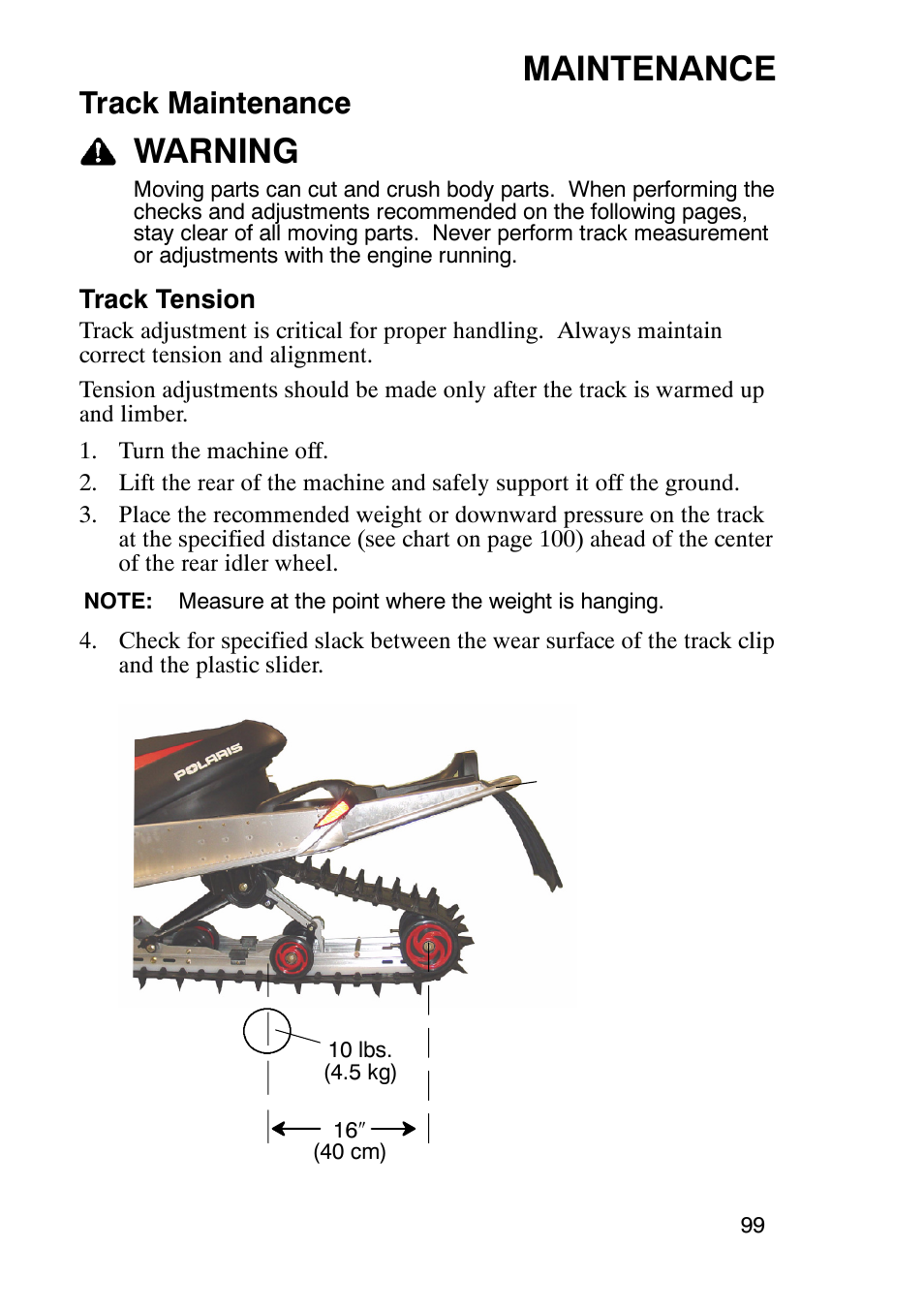 Maintenance, Warning, Track maintenance | Polaris 900 RMK User Manual | Page 102 / 123