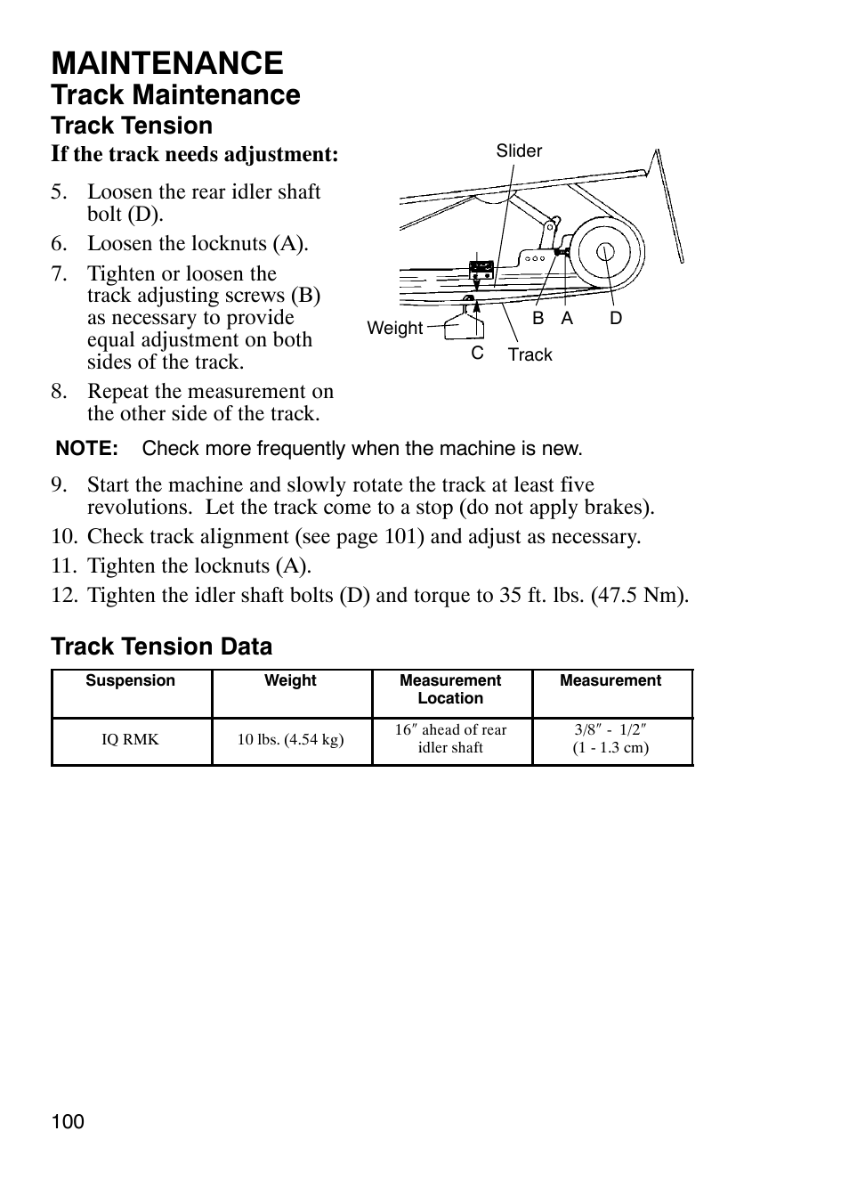 Maintenance, Track maintenance, Track tension i | Track tension data | Polaris 900 RMK User Manual | Page 103 / 123