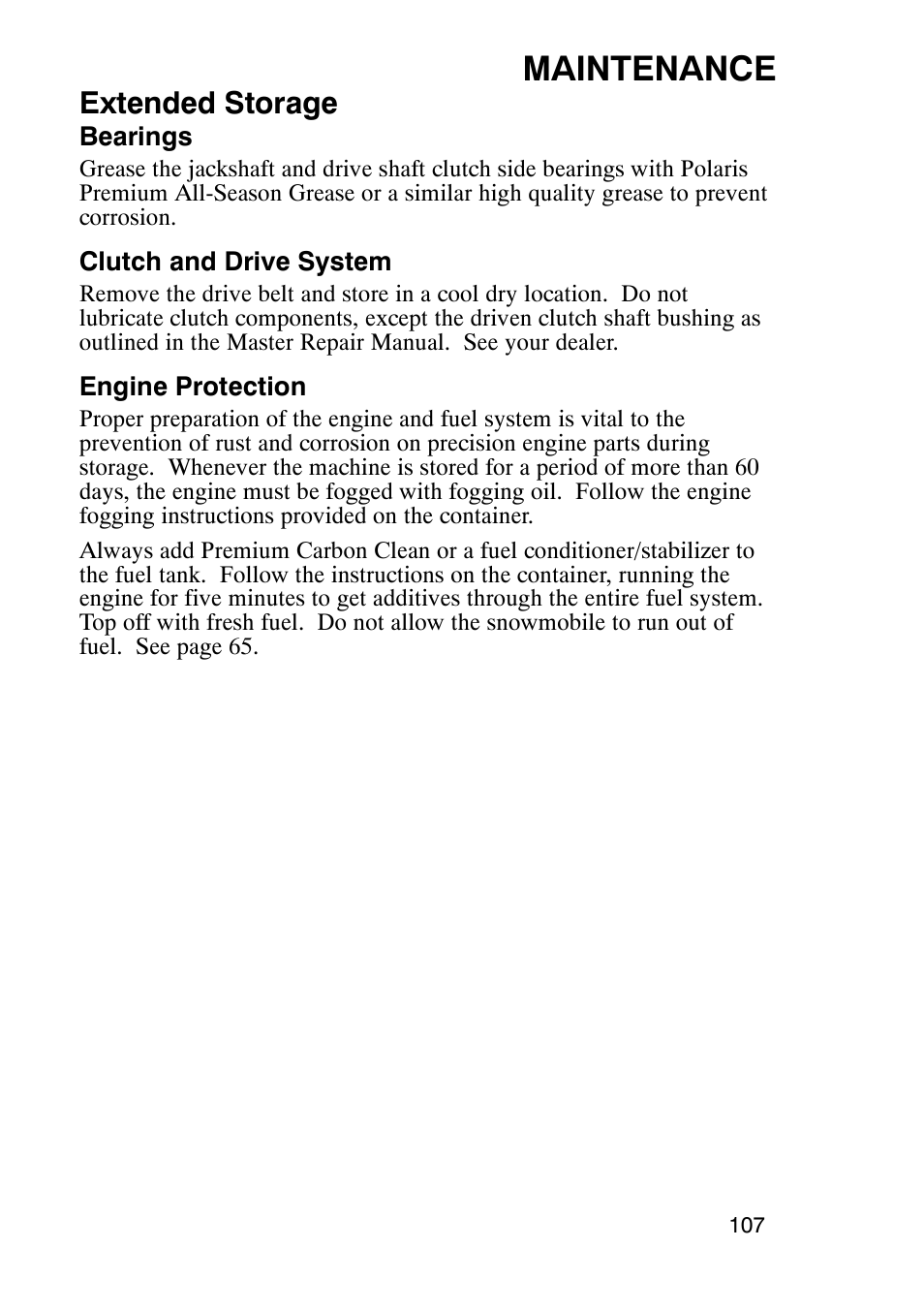 Maintenance, Extended storage | Polaris 900 RMK User Manual | Page 110 / 123