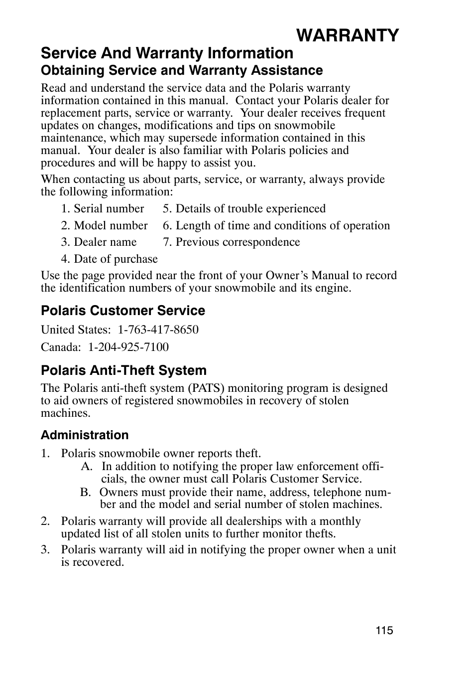 Warranty, Service and warranty information | Polaris 900 RMK User Manual | Page 118 / 123