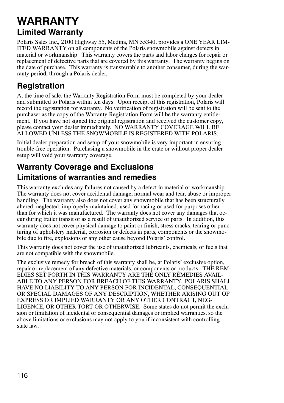 Warranty, Limited warranty, Registration | Warranty coverage and exclusions, Limitations of warranties and remedies | Polaris 900 RMK User Manual | Page 119 / 123