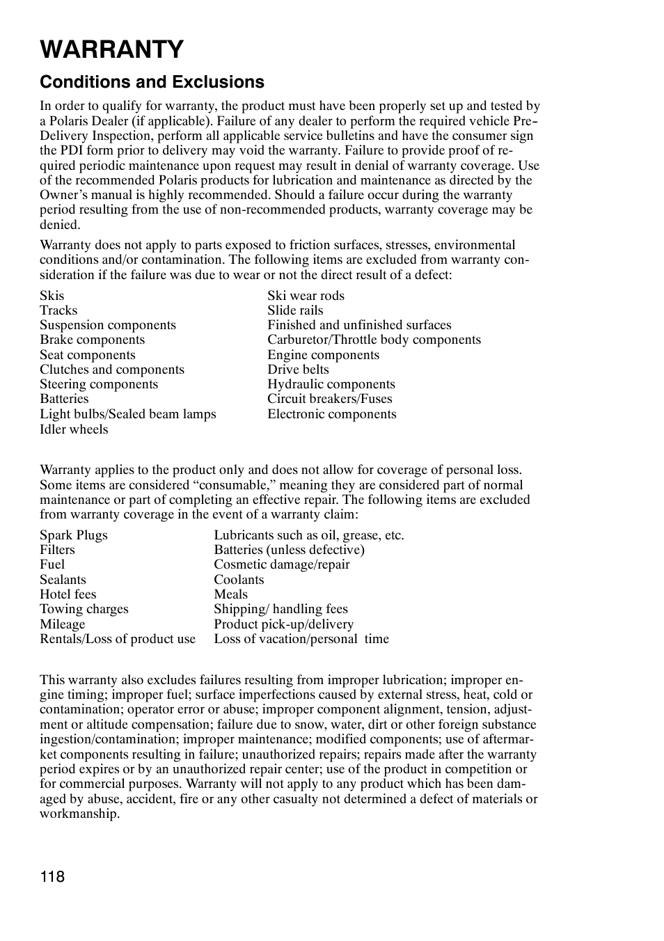 Warranty, Conditions and exclusions | Polaris 900 RMK User Manual | Page 121 / 123