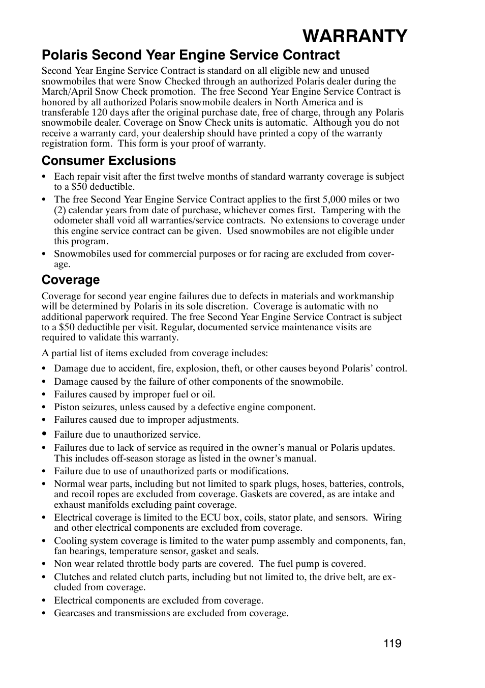 Warranty, Polaris second year engine service contract, Consumer exclusions | Coverage | Polaris 900 RMK User Manual | Page 122 / 123