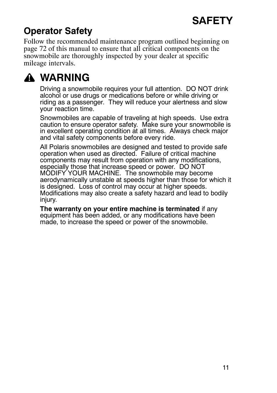 Safety, Warning, Operator safety | Polaris 900 RMK User Manual | Page 14 / 123