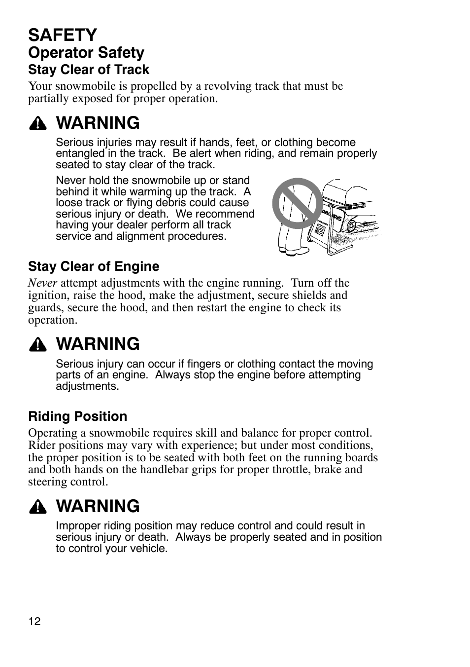 Safety, Warning, Operator safety | Polaris 900 RMK User Manual | Page 15 / 123