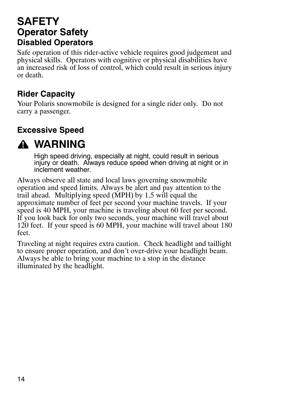 Safety, Warning, Operator safety | Polaris 900 RMK User Manual | Page 17 / 123