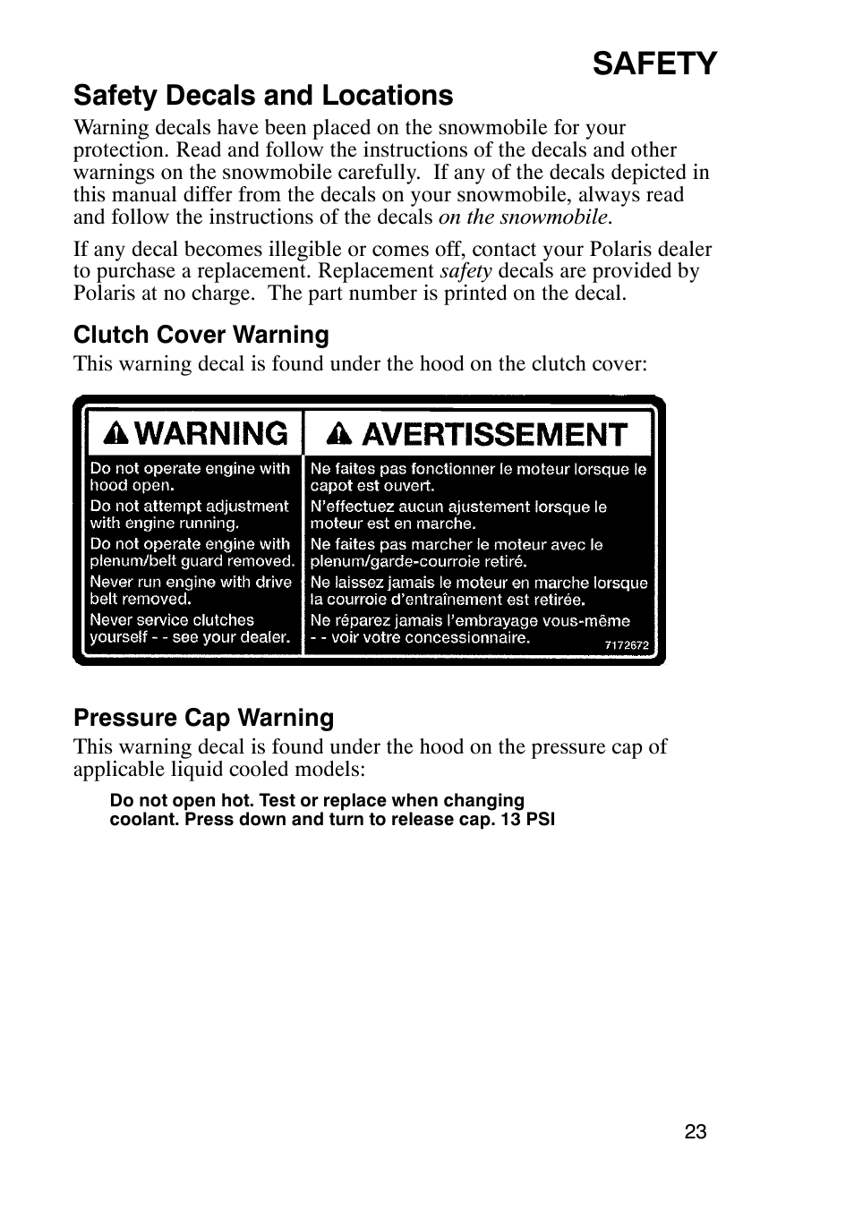 Safety, Safety decals and locations | Polaris 900 RMK User Manual | Page 26 / 123