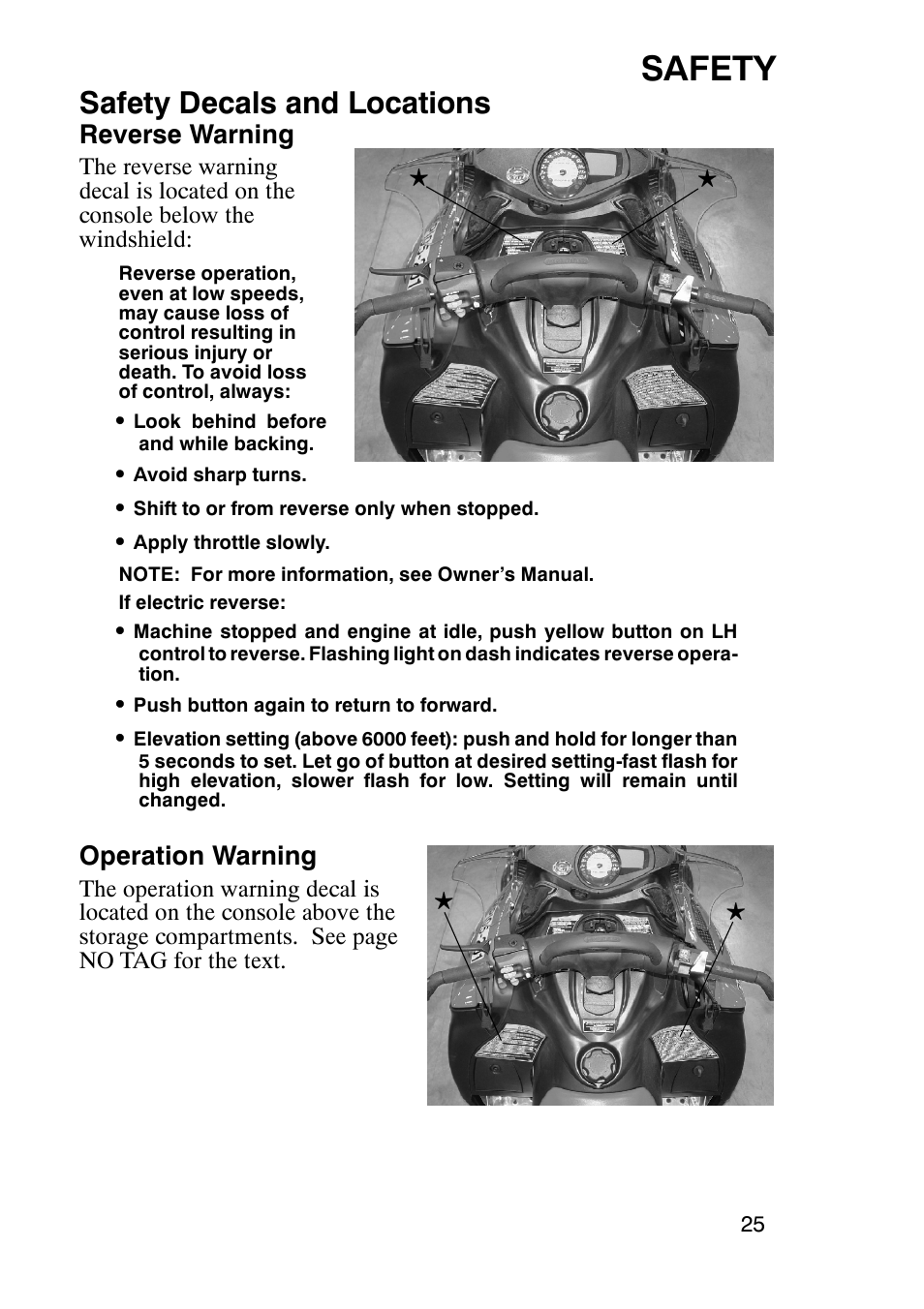 Safety, Safety decals and locations, Reverse warning | Operation warning | Polaris 900 RMK User Manual | Page 28 / 123