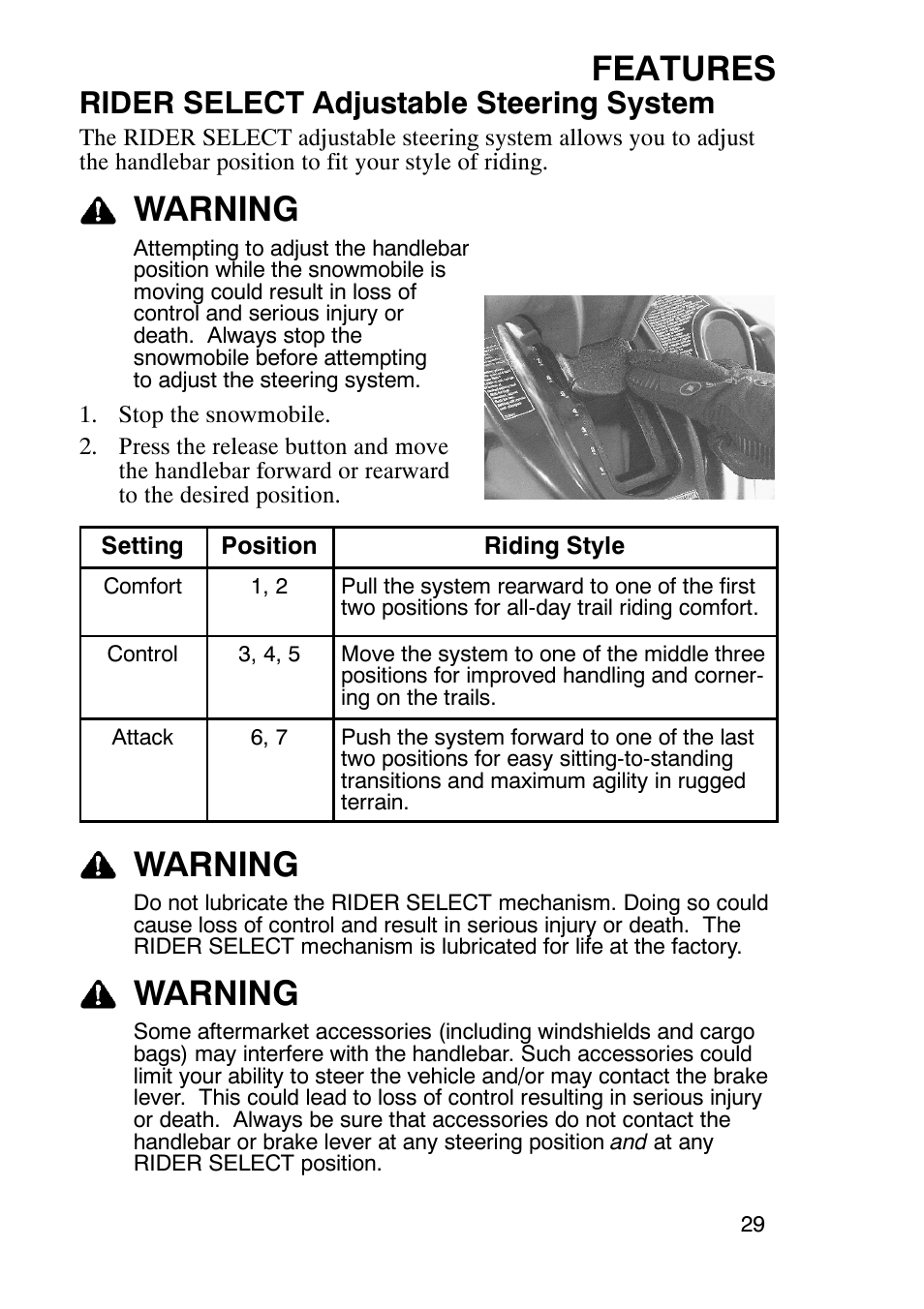 Features, Warning, Rider select adjustable steering system | Polaris 900 RMK User Manual | Page 32 / 123