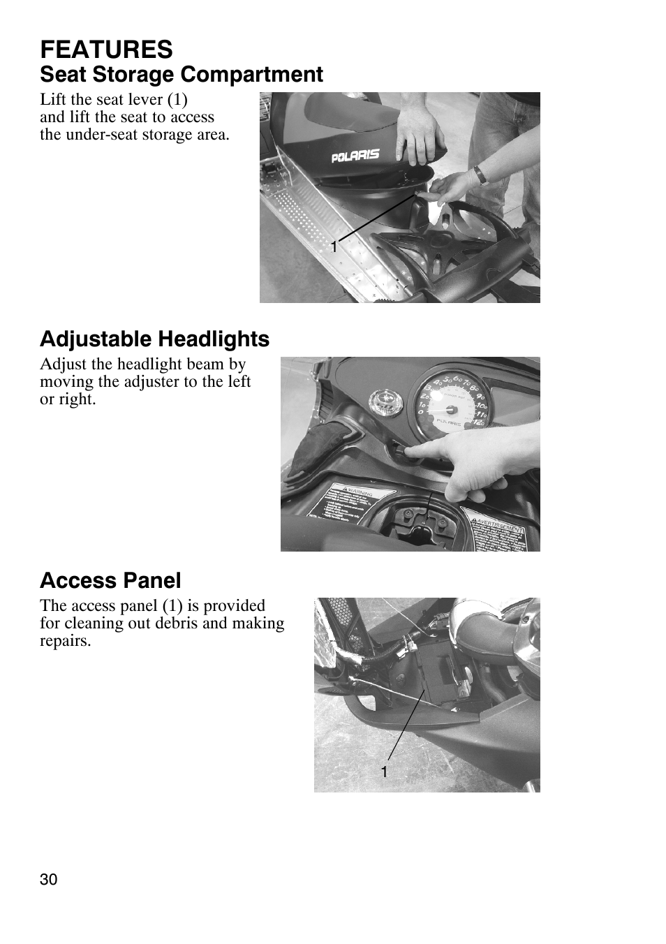 Features, Seat storage compartment, Adjustable headlights | Access panel | Polaris 900 RMK User Manual | Page 33 / 123