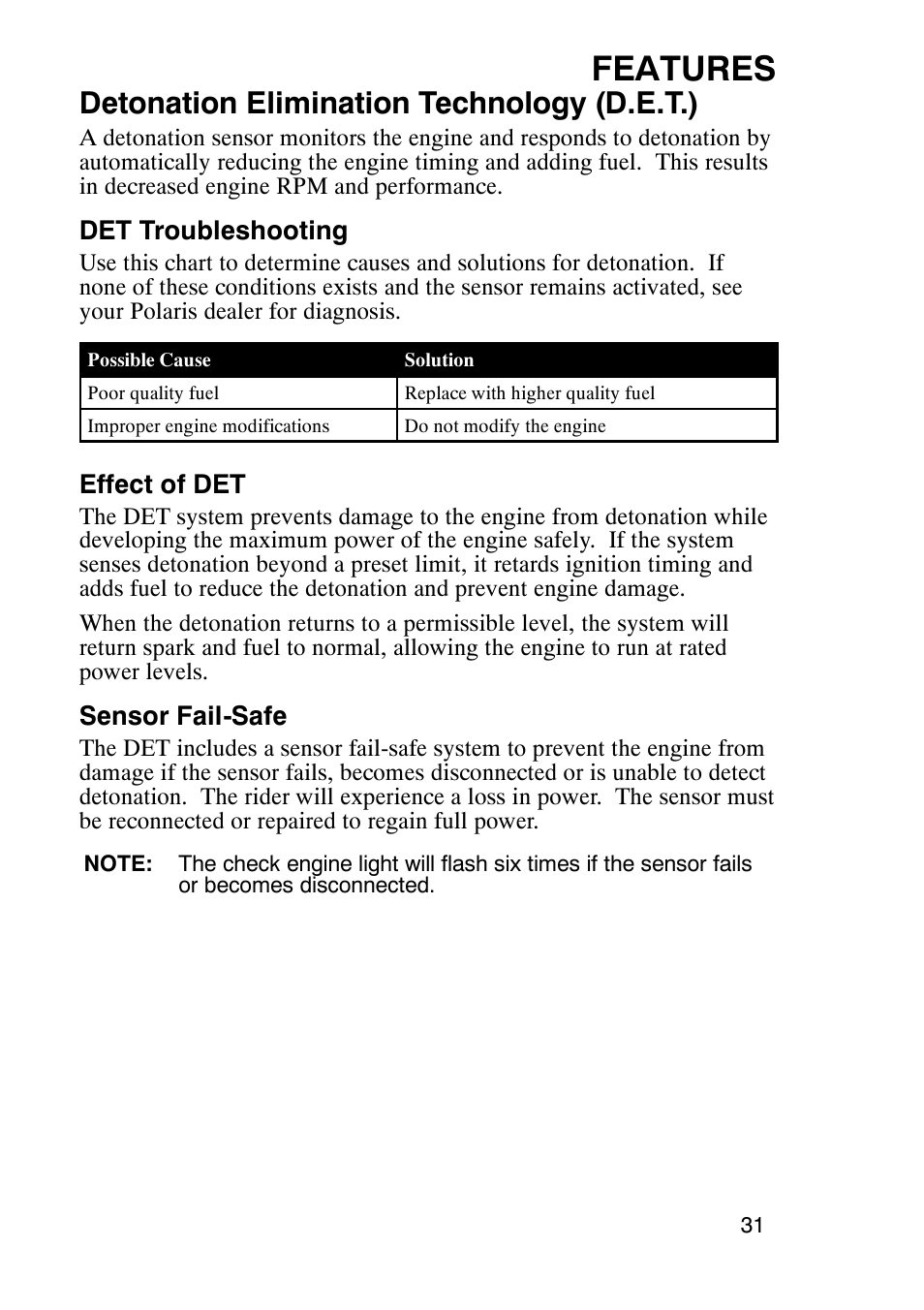 Features, Detonation elimination technology (d.e.t.) | Polaris 900 RMK User Manual | Page 34 / 123