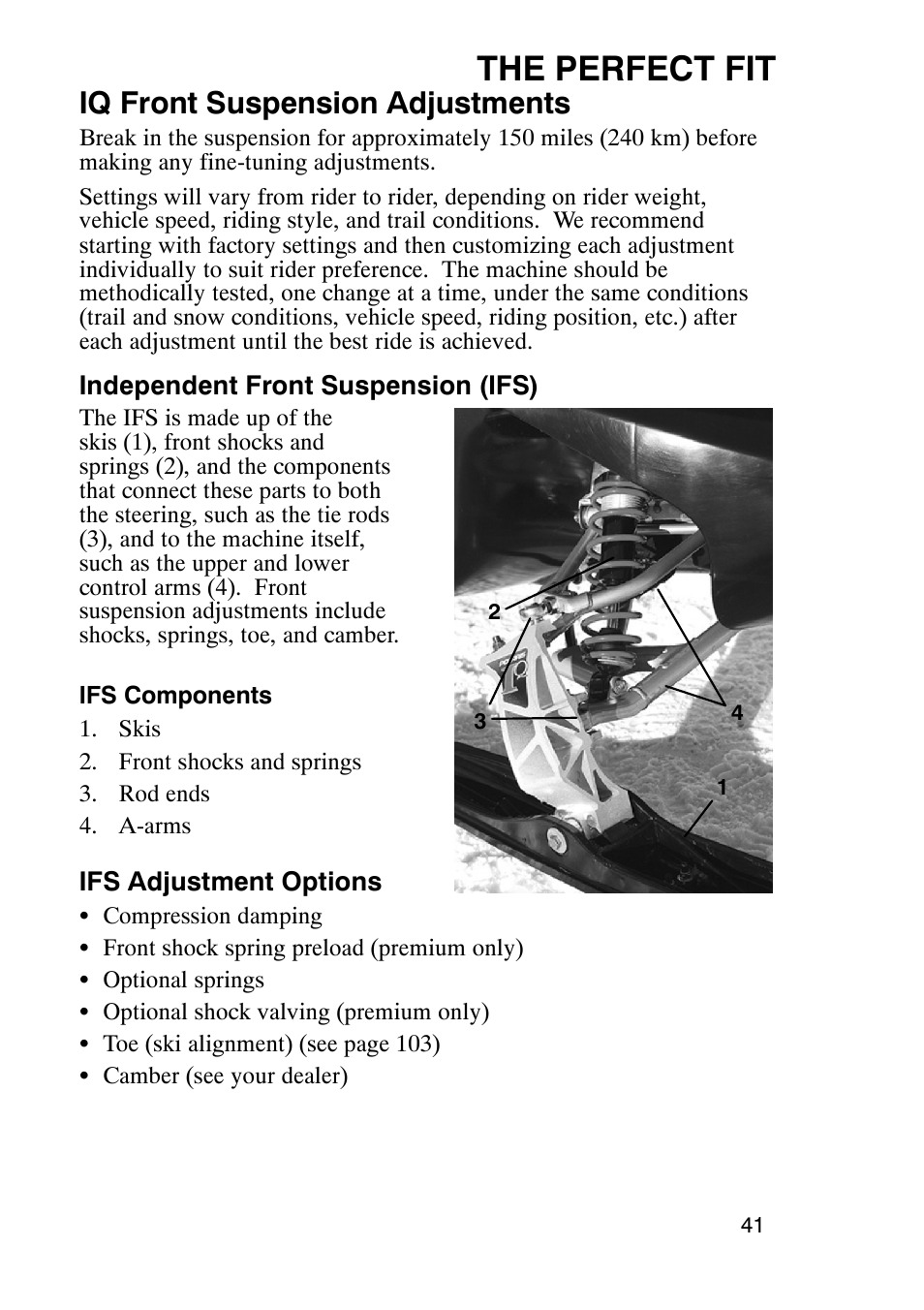 The perfect fit, Iq front suspension adjustments | Polaris 900 RMK User Manual | Page 44 / 123