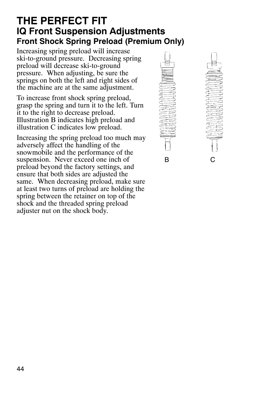 The perfect fit, Iq front suspension adjustments | Polaris 900 RMK User Manual | Page 47 / 123