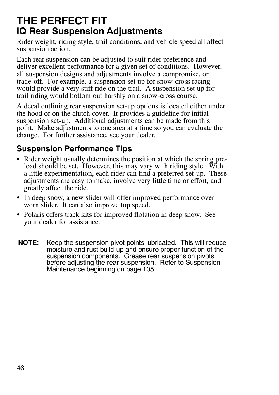 The perfect fit, Iq rear suspension adjustments | Polaris 900 RMK User Manual | Page 49 / 123