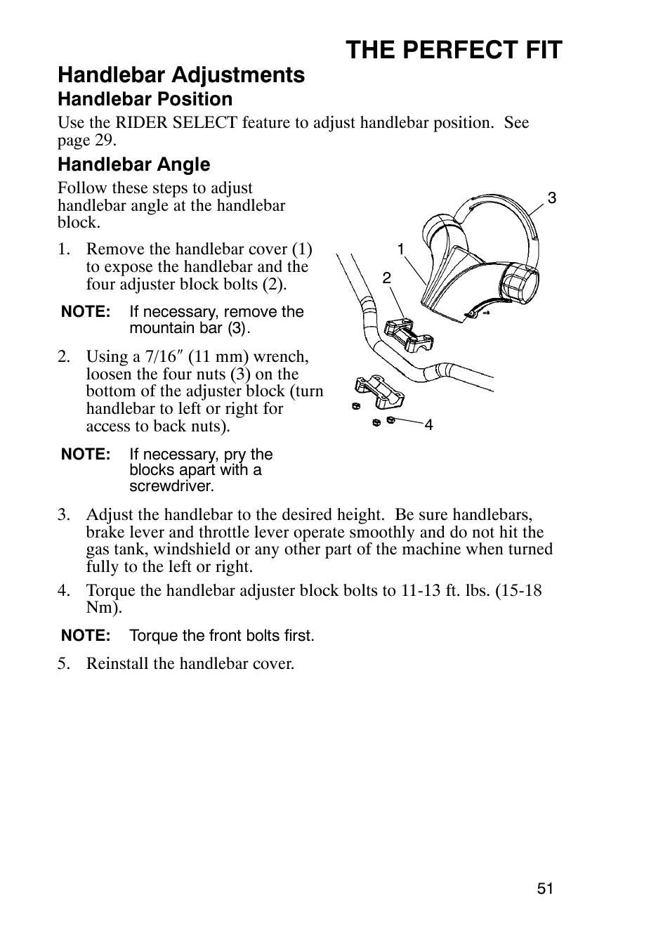 The perfect fit, Handlebar adjustments | Polaris 900 RMK User Manual | Page 54 / 123