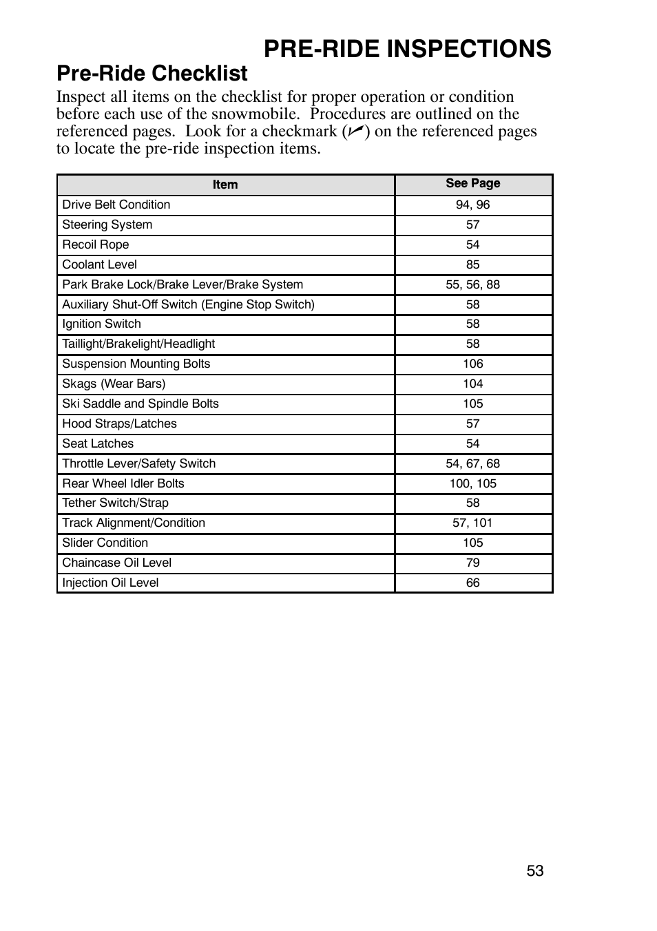 Pre-ride inspections, Pre-ride checklist | Polaris 900 RMK User Manual | Page 56 / 123