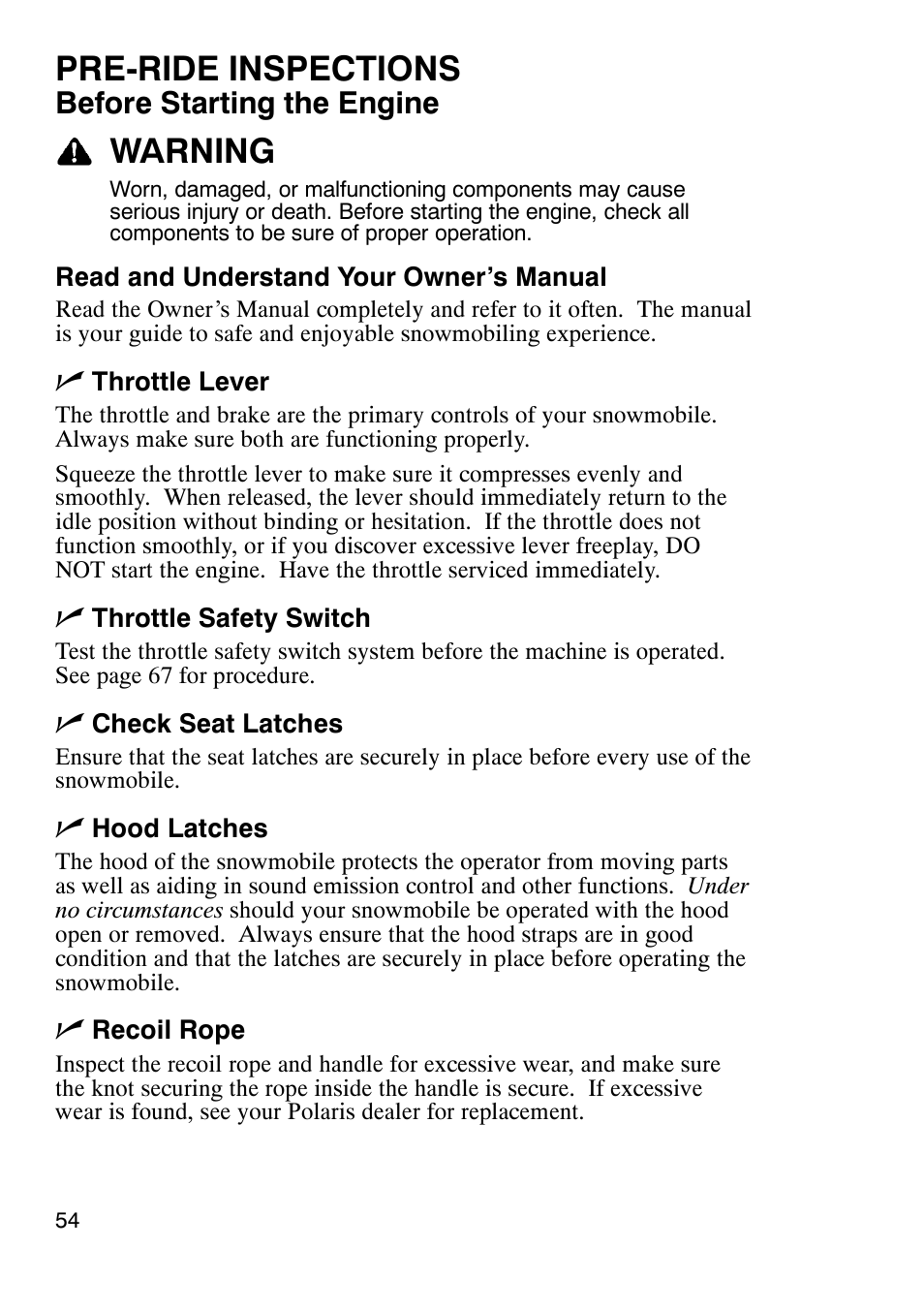 Pre-ride inspections, Warning, Before starting the engine | Polaris 900 RMK User Manual | Page 57 / 123