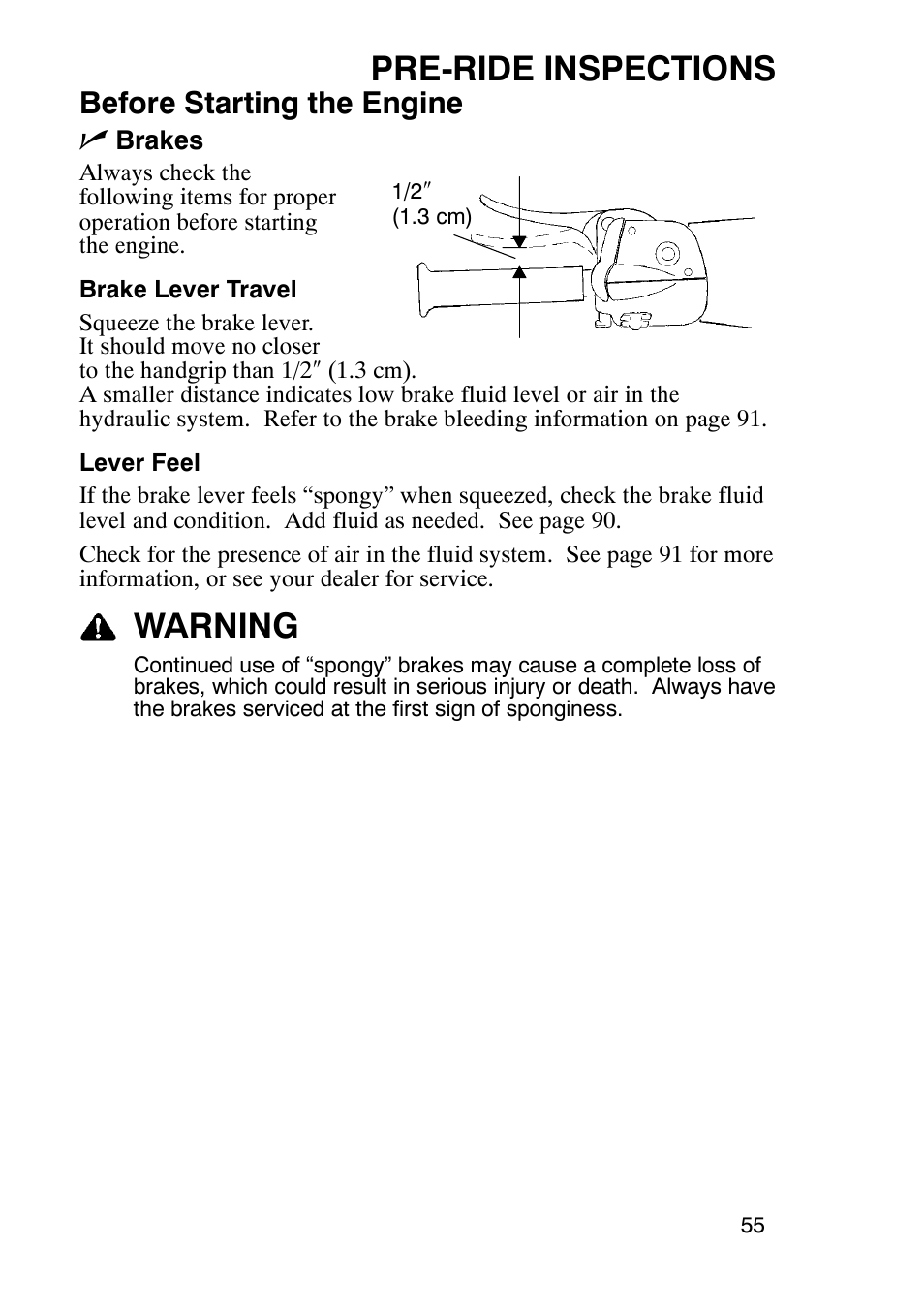 Pre-ride inspections, Warning, Before starting the engine n | Polaris 900 RMK User Manual | Page 58 / 123