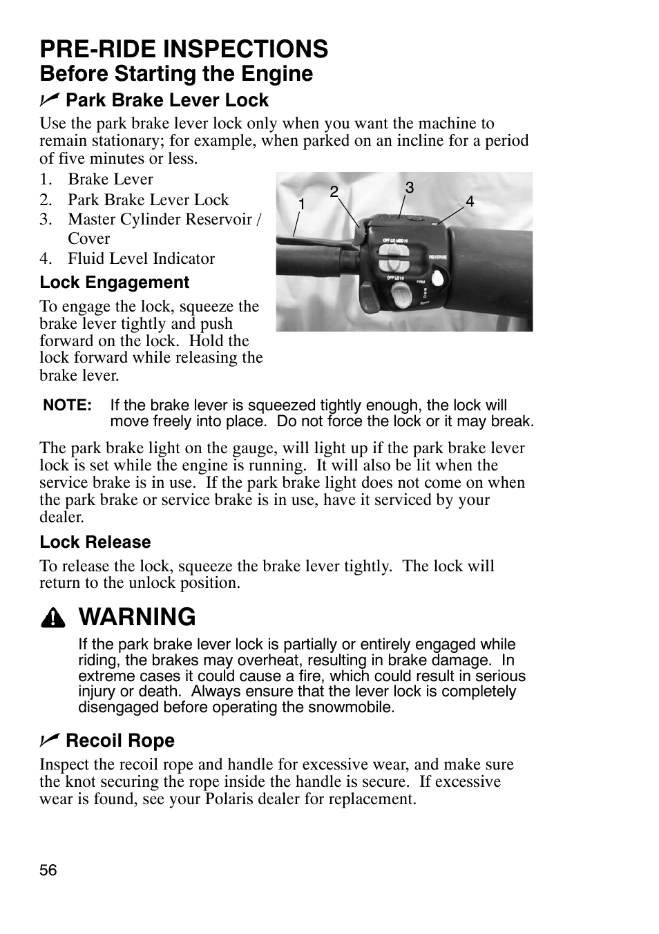 Pre-ride inspections, Warning, Before starting the engine n | Polaris 900 RMK User Manual | Page 59 / 123