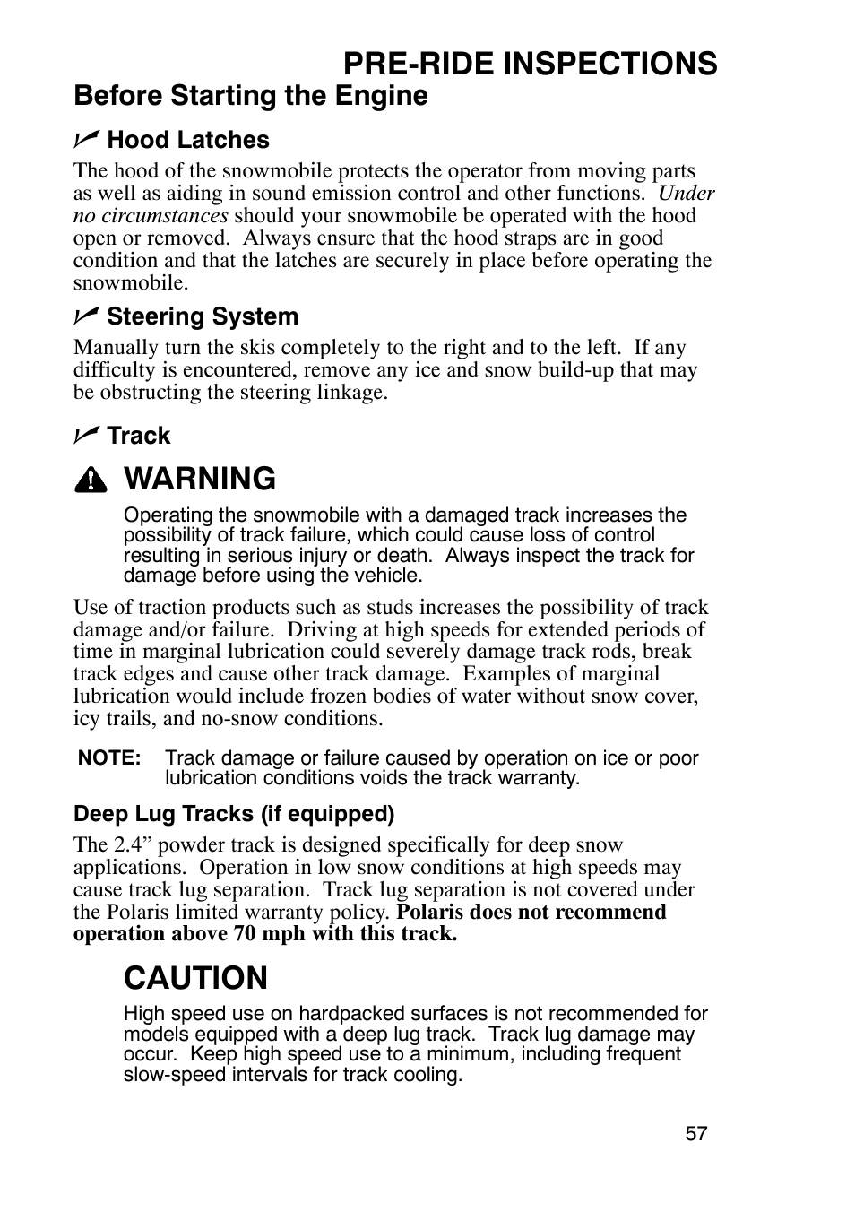 Pre-ride inspections, Warning, Caution | Before starting the engine n | Polaris 900 RMK User Manual | Page 60 / 123