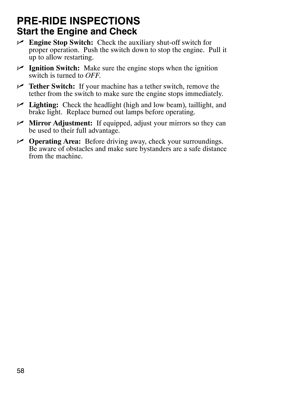 Pre-ride inspections, Start the engine and check | Polaris 900 RMK User Manual | Page 61 / 123