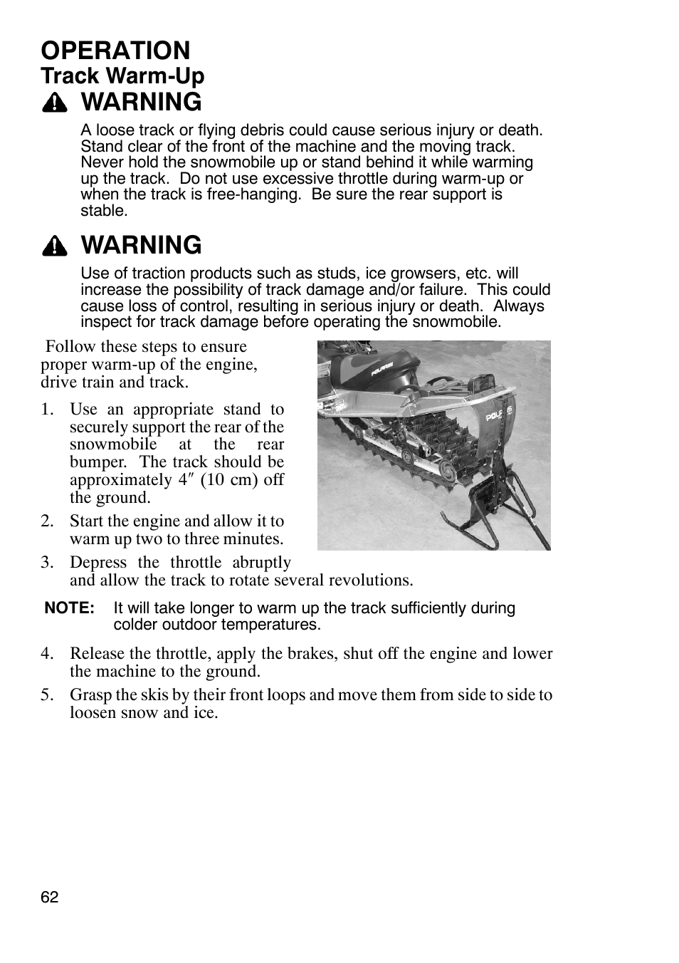 Operation, Warning, Track warm-up | Polaris 900 RMK User Manual | Page 65 / 123