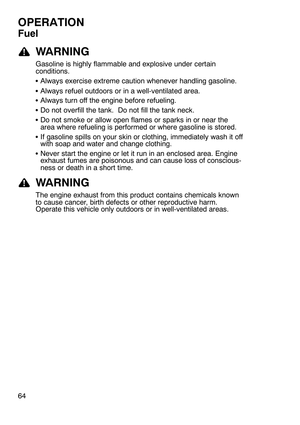 Operation, Warning, Fuel | Polaris 900 RMK User Manual | Page 67 / 123