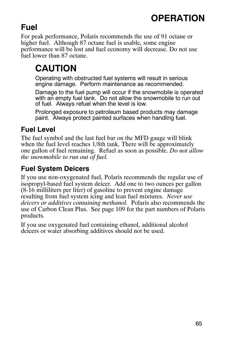 Operation, Caution, Fuel | Polaris 900 RMK User Manual | Page 68 / 123