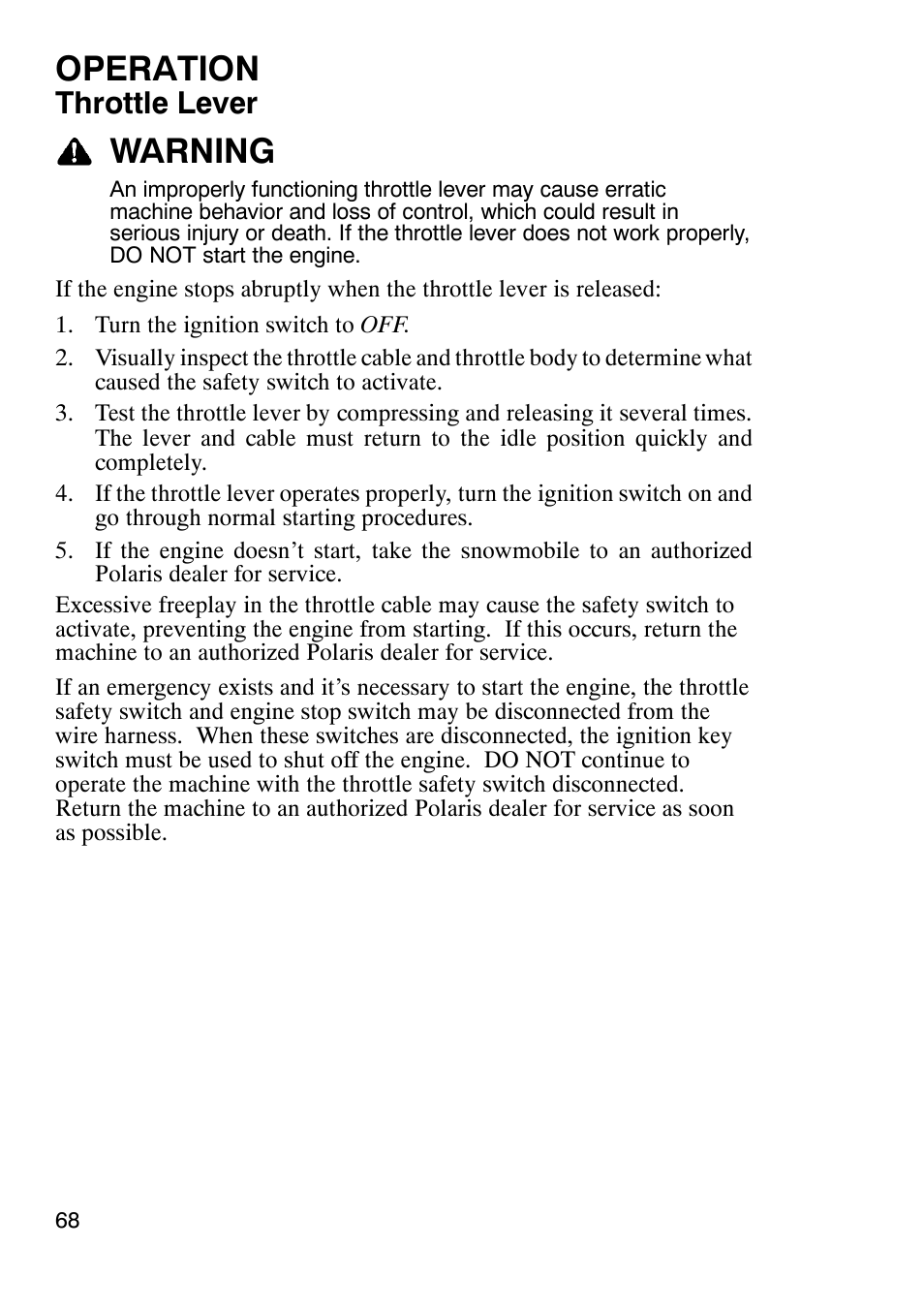 Operation, Warning, Throttle lever | Polaris 900 RMK User Manual | Page 71 / 123