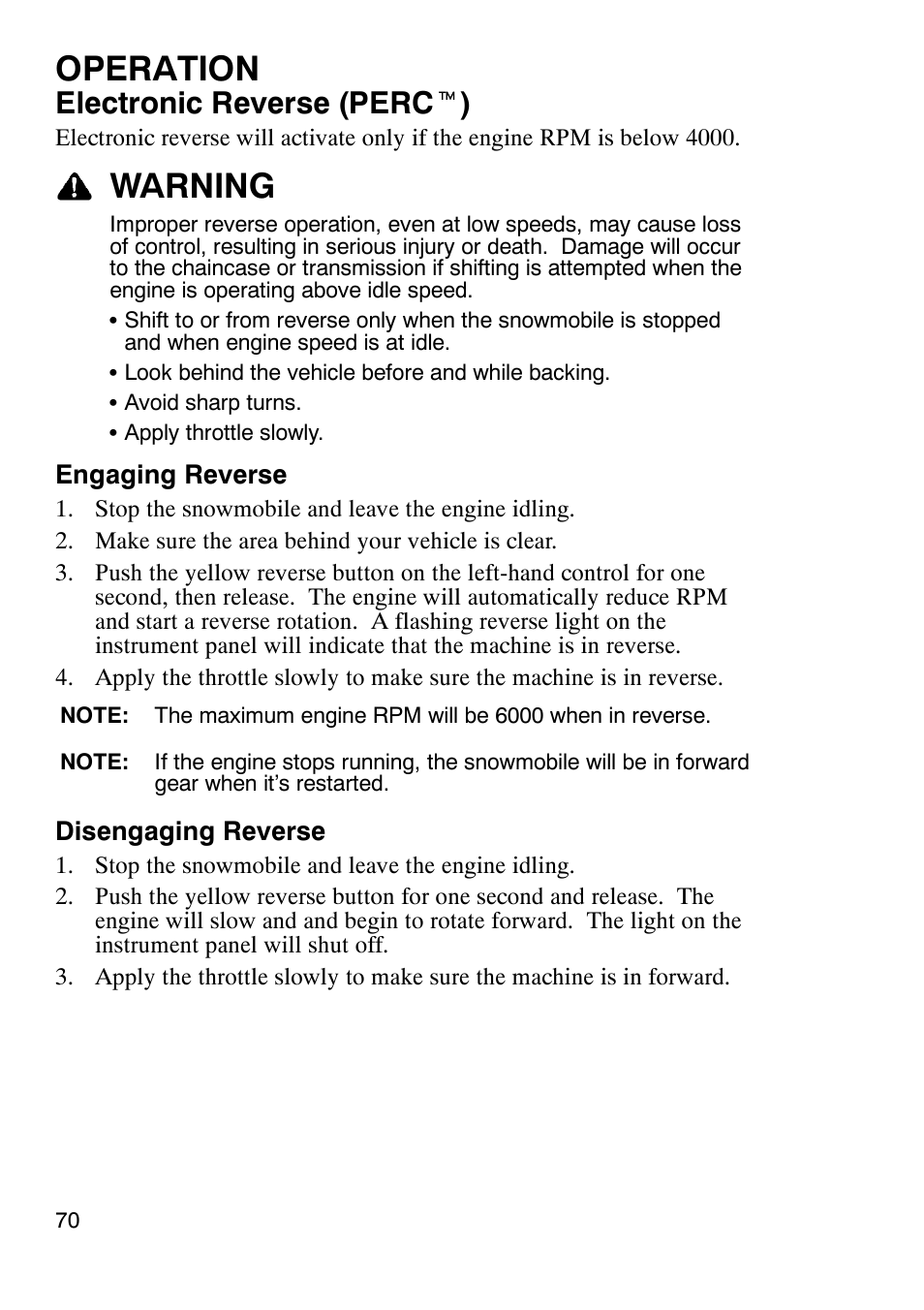 Operation, Warning, Electronic reverse (perc t ) | Polaris 900 RMK User Manual | Page 73 / 123