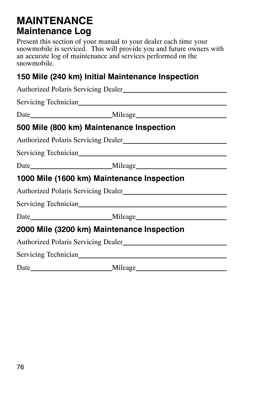 Maintenance, Maintenance log | Polaris 900 RMK User Manual | Page 79 / 123