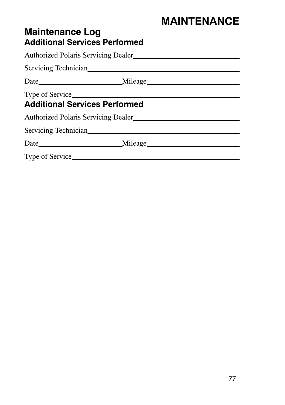 Maintenance, Maintenance log | Polaris 900 RMK User Manual | Page 80 / 123