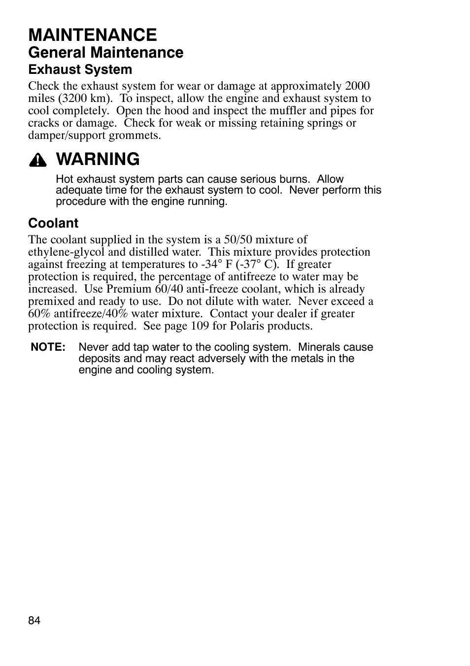 Maintenance, Warning, General maintenance | Polaris 900 RMK User Manual | Page 87 / 123