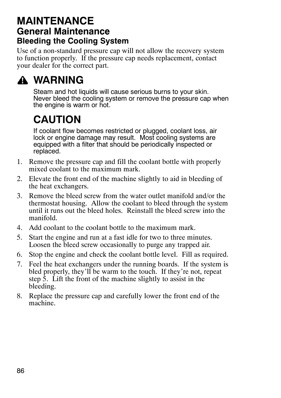 Maintenance, Warning, Caution | General maintenance | Polaris 900 RMK User Manual | Page 89 / 123