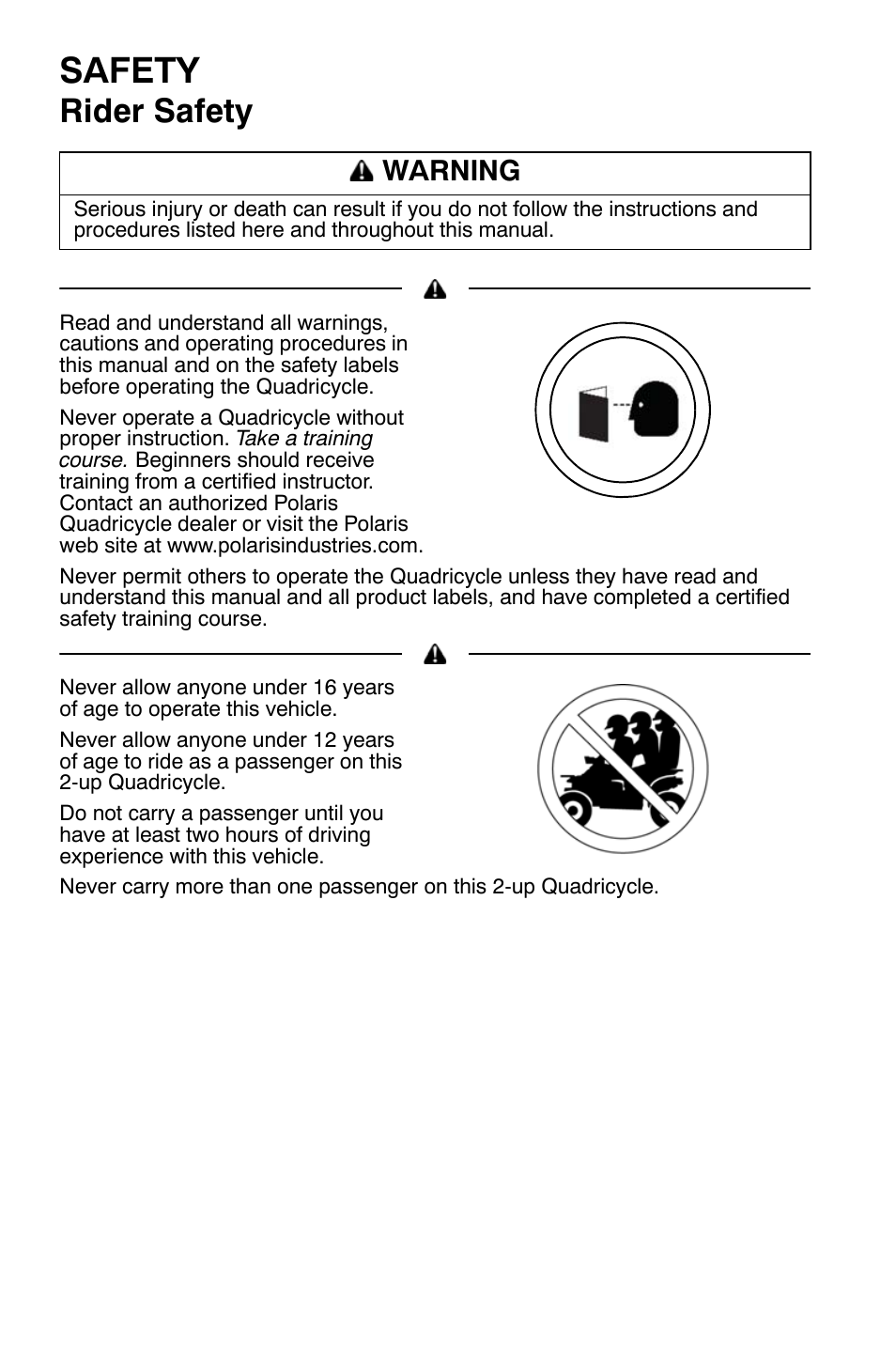 Safety, Rider safety, Warning | Polaris Sportsman 9921792 User Manual | Page 10 / 131