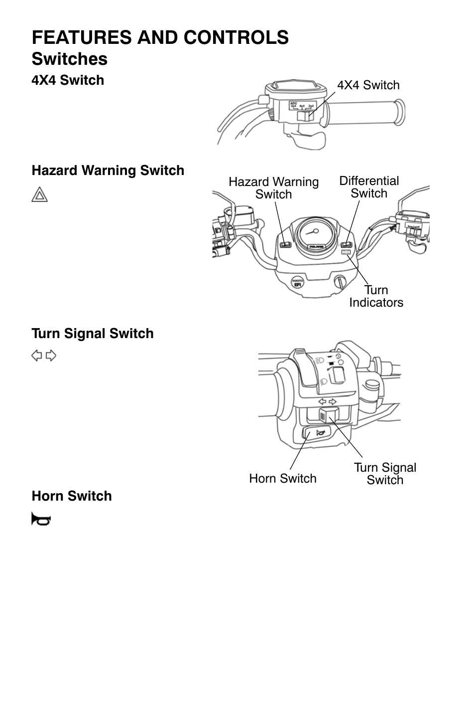Features and controls, Switches | Polaris Sportsman 9921792 User Manual | Page 24 / 131