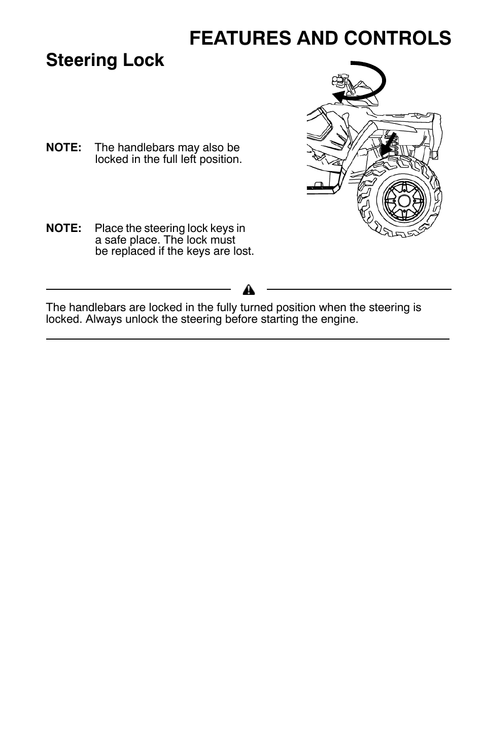 Features and controls, Steering lock | Polaris Sportsman 9921792 User Manual | Page 29 / 131