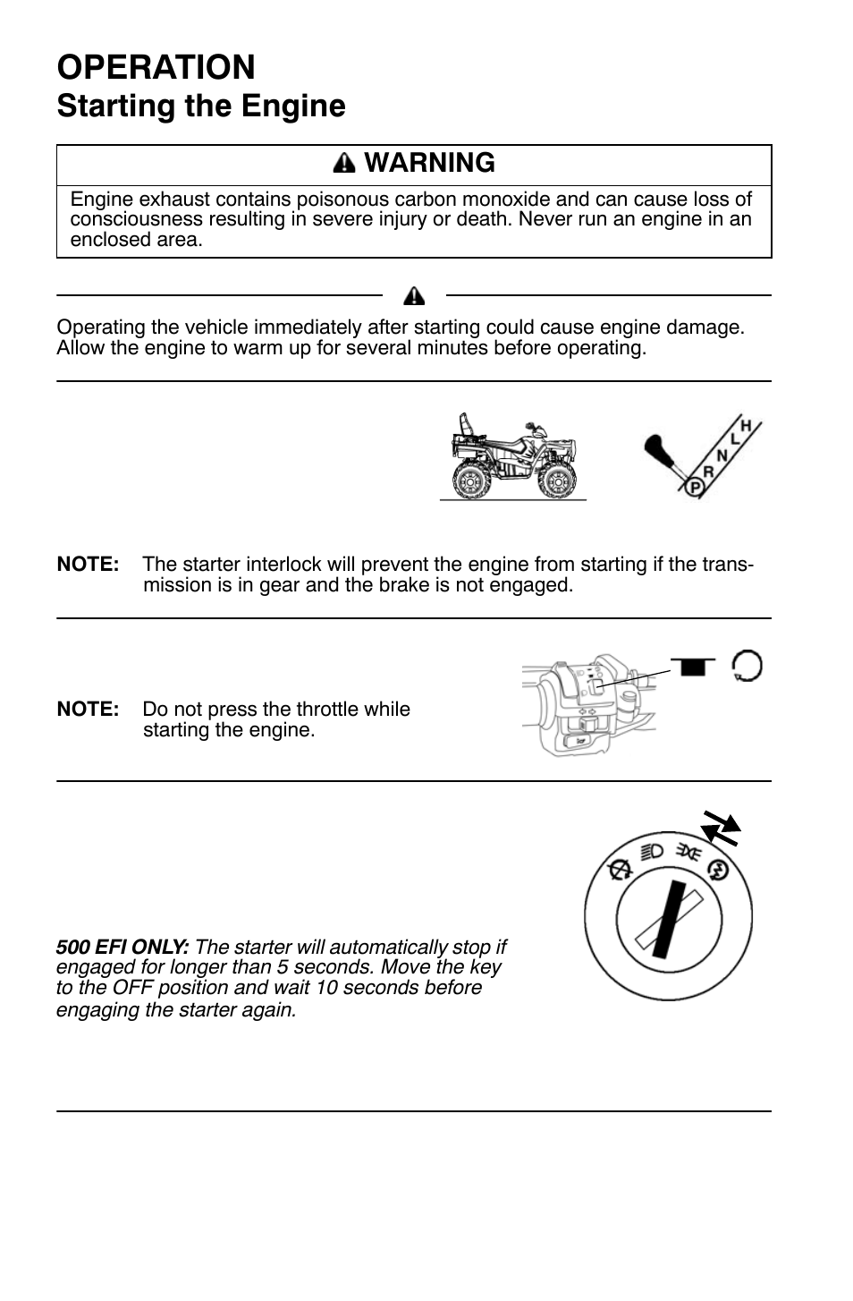Operation, Starting the engine, Warning | Polaris Sportsman 9921792 User Manual | Page 46 / 131