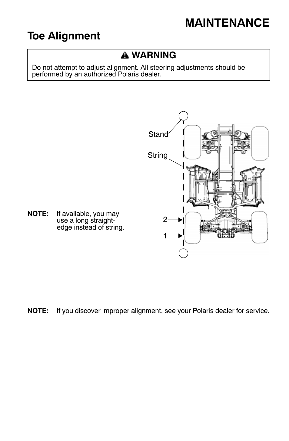 Maintenance, Toe alignment, Warning | Polaris Sportsman 9921792 User Manual | Page 87 / 131