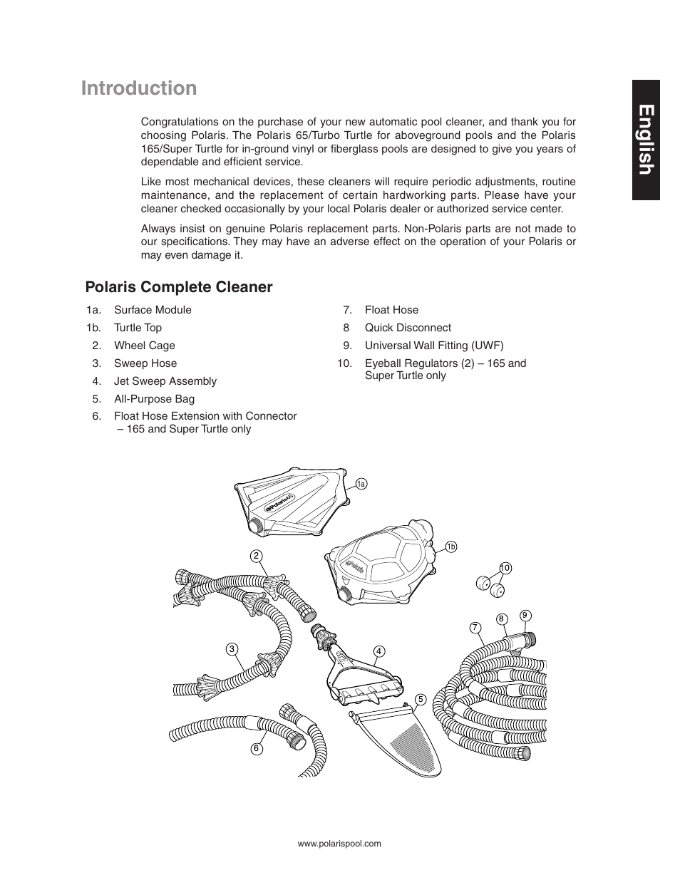 Introduction, English, Polaris complete cleaner | Polaris SUPER TURTLE 165 User Manual | Page 3 / 9