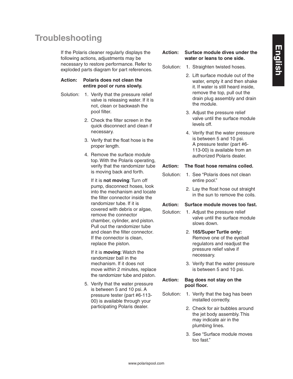 Troubleshooting, English troubleshooting | Polaris SUPER TURTLE 165 User Manual | Page 7 / 9
