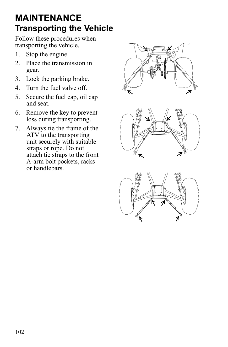 Maintenance, Transporting the vehicle | Polaris Trail Blazer 9921773 User Manual | Page 105 / 122