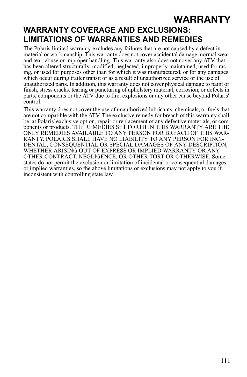 Warranty | Polaris Trail Blazer 9921773 User Manual | Page 114 / 122