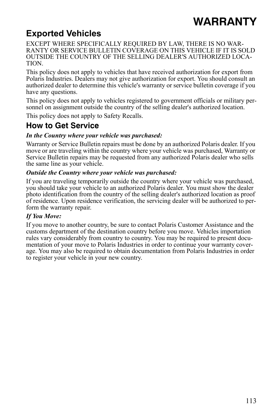 Warranty, Exported vehicles, How to get service | Polaris Trail Blazer 9921773 User Manual | Page 116 / 122