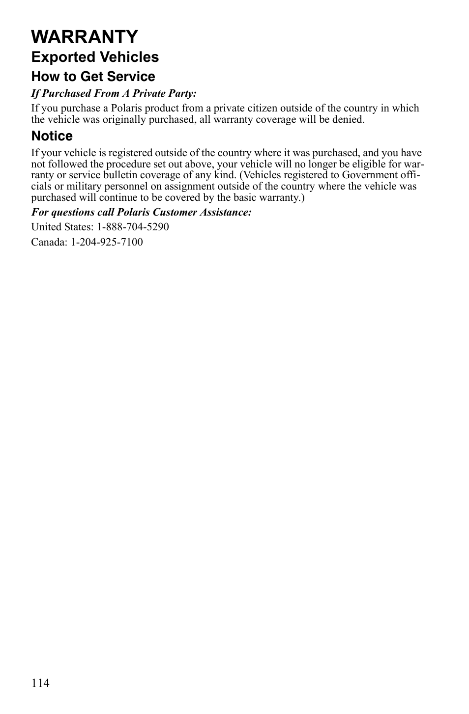 Warranty, Exported vehicles | Polaris Trail Blazer 9921773 User Manual | Page 117 / 122