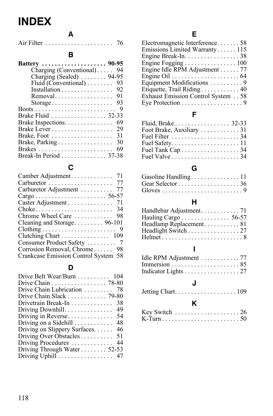 Index | Polaris Trail Blazer 9921773 User Manual | Page 121 / 122