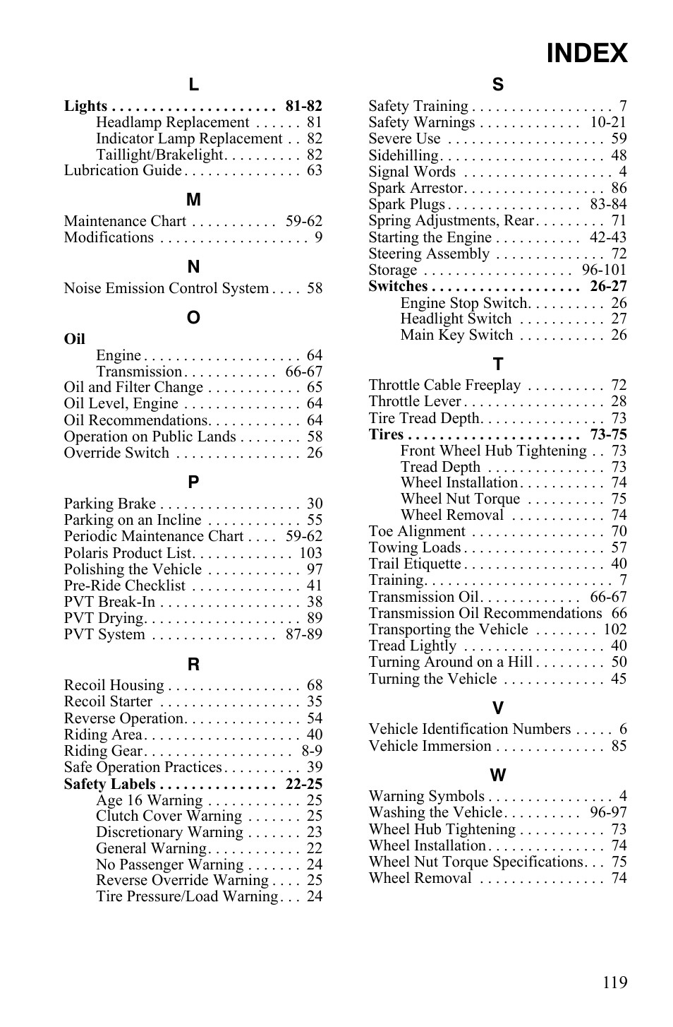 Index | Polaris Trail Blazer 9921773 User Manual | Page 122 / 122